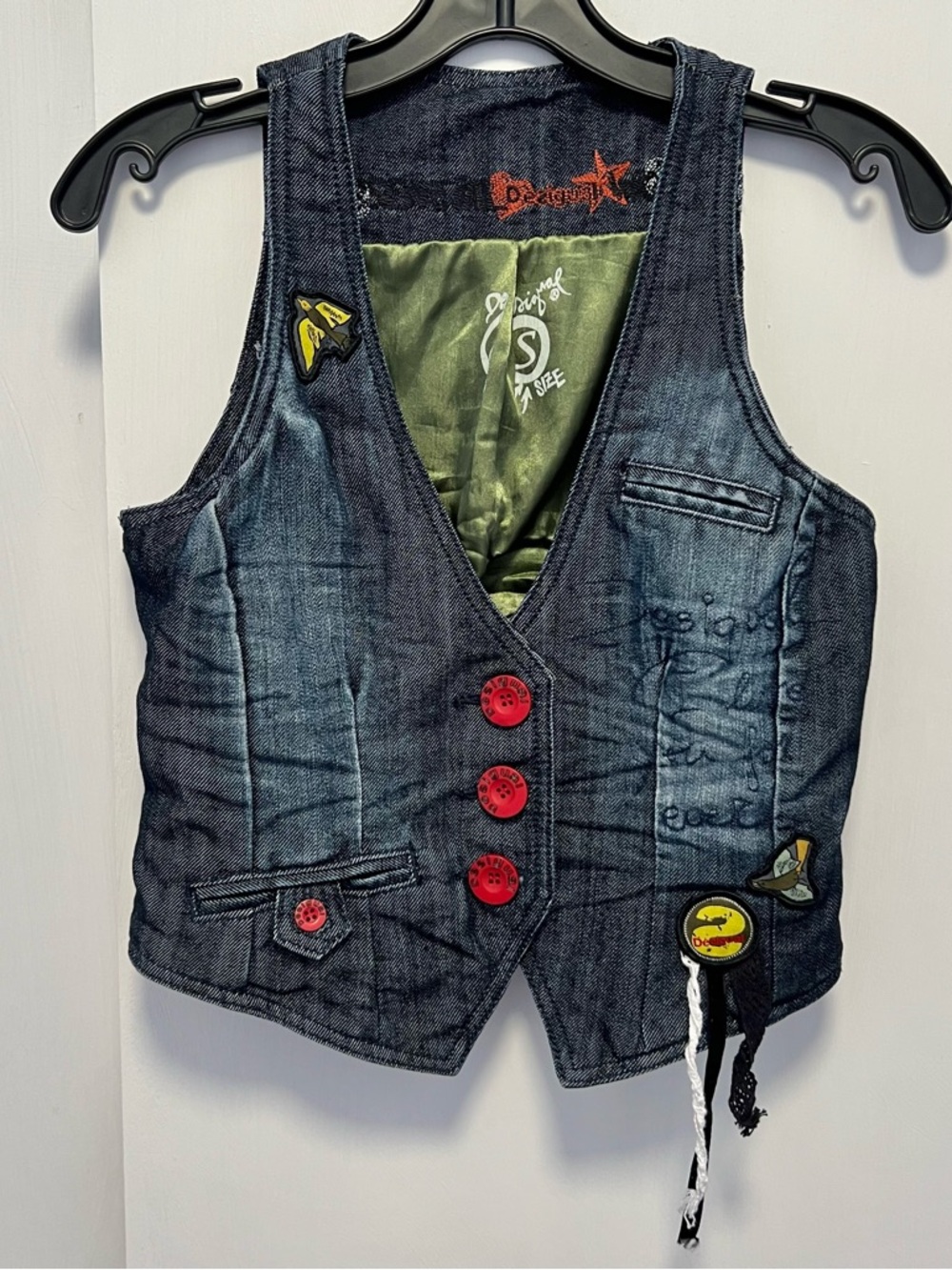 Desigual VINTAGE Dark Denim Vest unique bold red buttons multiple patches - S